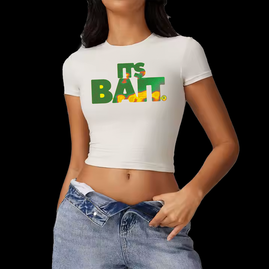 ITS BAIT CROPPED BABY TEE (WHITE + GREEN)